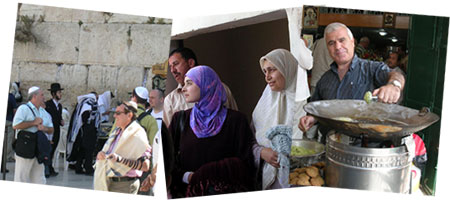 Praying at the Western Wall, Palestinian women welcoming Sabeel visitors,  Our bus driver, serving falafel in Cana 